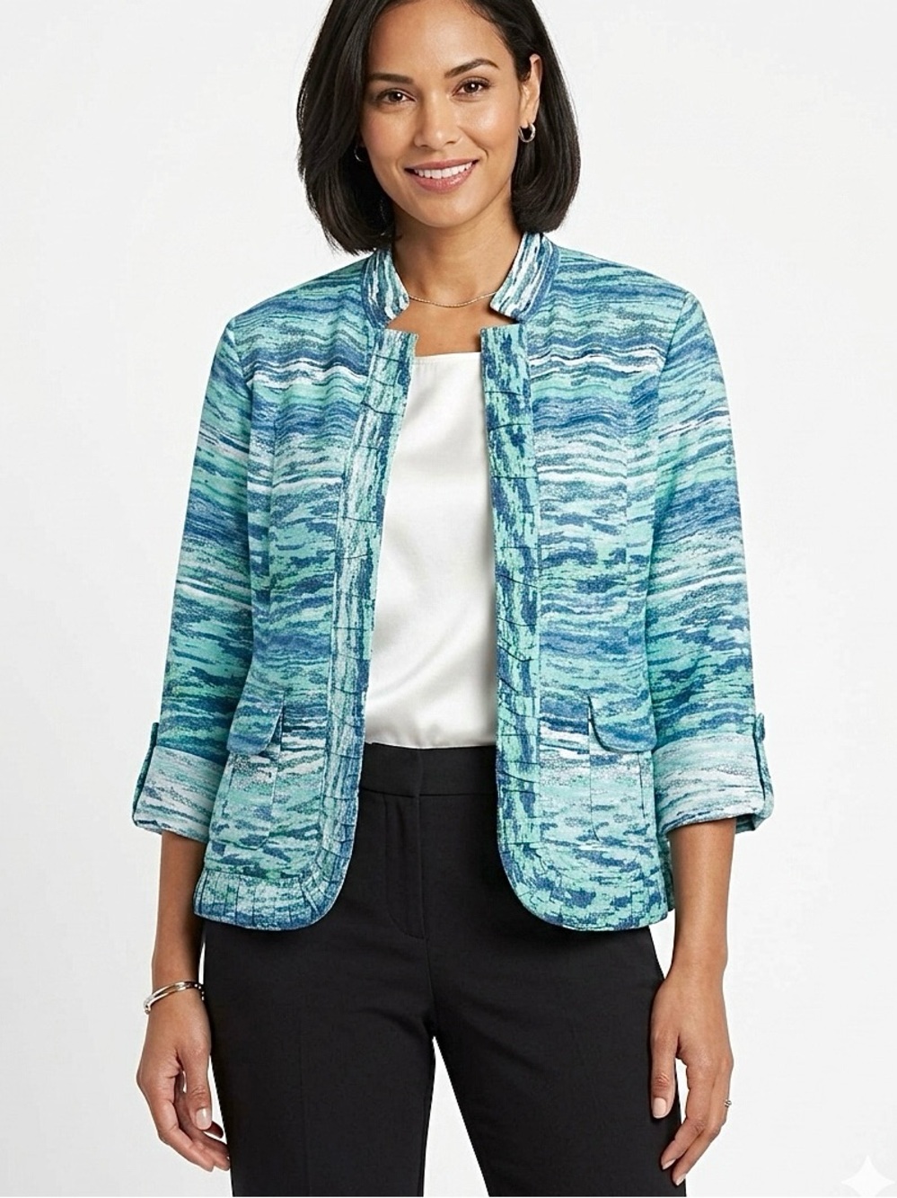 CHICO'S Linen Open Front Jacket Roll-Tab Sleeves Teal Blue - Size (3) XL/16